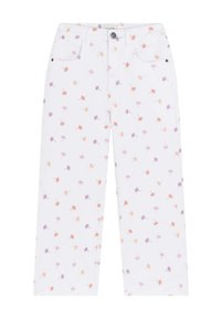 Witte broek met een bloemenpatroon met oranje en paarse bloemen. Gemaakt van katoen, met een recht model en vijf zakken.
