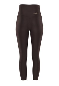 Braune, hochtaillierte Leggings aus einem glatten, dehnbaren Material. Verfügt über ein minimalistisch gehaltenes Design mit einem kleinen goldenen Logo am Bund.