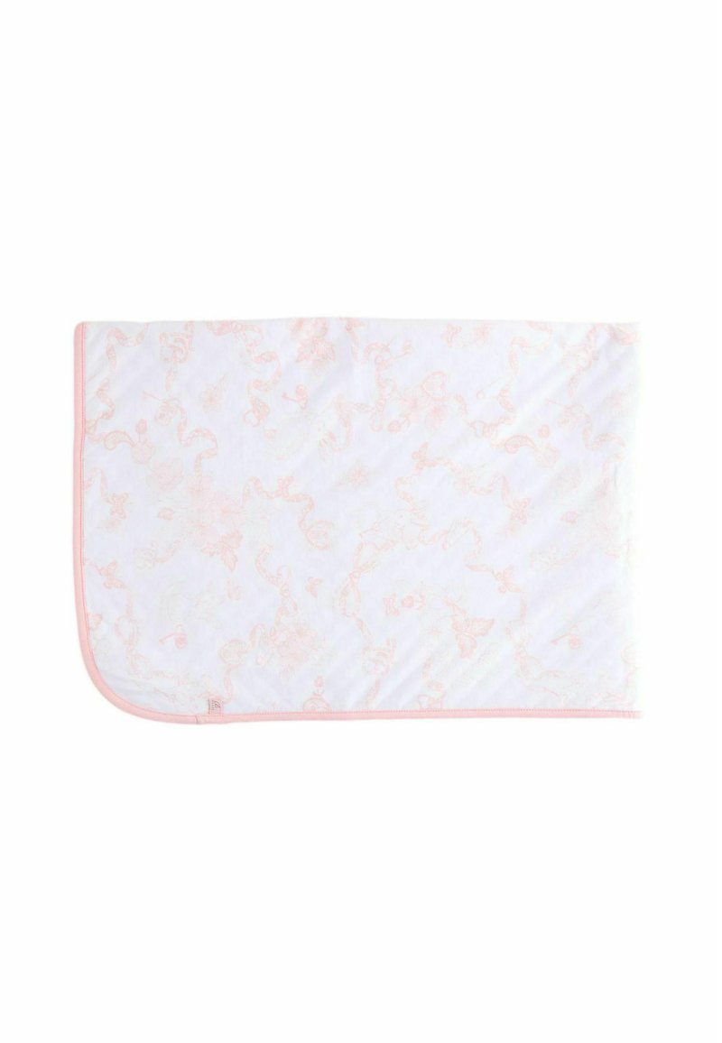 Cotton blanket with a white base and light pink swirling floral pattern. Finished with pink binding along the edges. Soft texture.