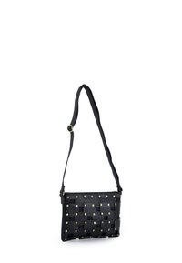 Black leather crossbody bag with a woven design, featuring gold hardware accents and a smooth texture. Adjustable strap included.