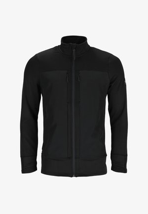 Zwarte zip-up jas met een hoge kraag, twee voorzakken met rits, textuur op het bovenste paneel en geribbelde manchetten en zoom. Gemaakt van rekbaar materiaal.
