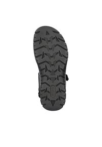 Semelle de sandale extérieure noire en caoutchouc texturé pour une meilleure adhérence, avec un motif de semelle à angles vifs et un logo de marque au centre.