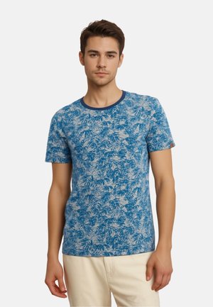 Short-sleeve blue T-shirt featuring a leaf pattern, round neckline with blue trim, and soft fabric texture.