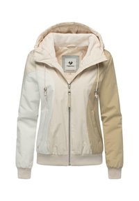 Lightweight, zip-up jacket in beige, cream, and white with a soft hood lining, elastic cuffs, and front pockets. Textured panels and drawstring.