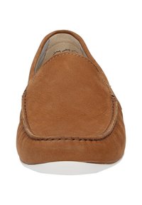 Braune Wildleder Slipper mit abgerundeter Zehenpartie, minimalistischem Design, sichtbaren Nähten um die Öffnung und einer weißen Gummisohle.