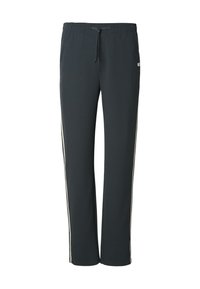 Dunkelgraue Herren-Jogginghose aus weichem Stoff, mit lockerem Schnitt, elastischem Bund mit Kordelzug und weißen Seitenstreifen.