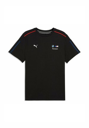 Schwarzes BMW Motorsport Puma T-Shirt mit roten und blauen Streifen auf Schultern und Ärmeln, mit BMW M- und Puma-Logos auf der Vorderseite.