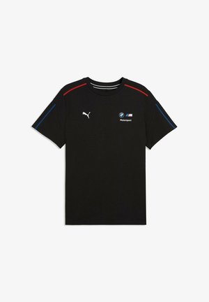 Schwarzes BMW Motorsport Puma T-Shirt mit roten und blauen Streifen auf Schultern und Ärmeln, mit BMW M- und Puma-Logos auf der Vorderseite.