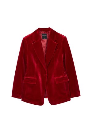 Rot samt Blazer mit spitzem Revers, zwei Fronttaschen, Knopfleiste mit einem Knopf und glatter Innenauskleidung. Lässiges, aber elegantes Design.