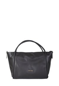 Borsa tote in pelle nera con doppio manico, logo del marchio dorato al centro sulla parte anteriore e chiusura a zip sui lati superiori.