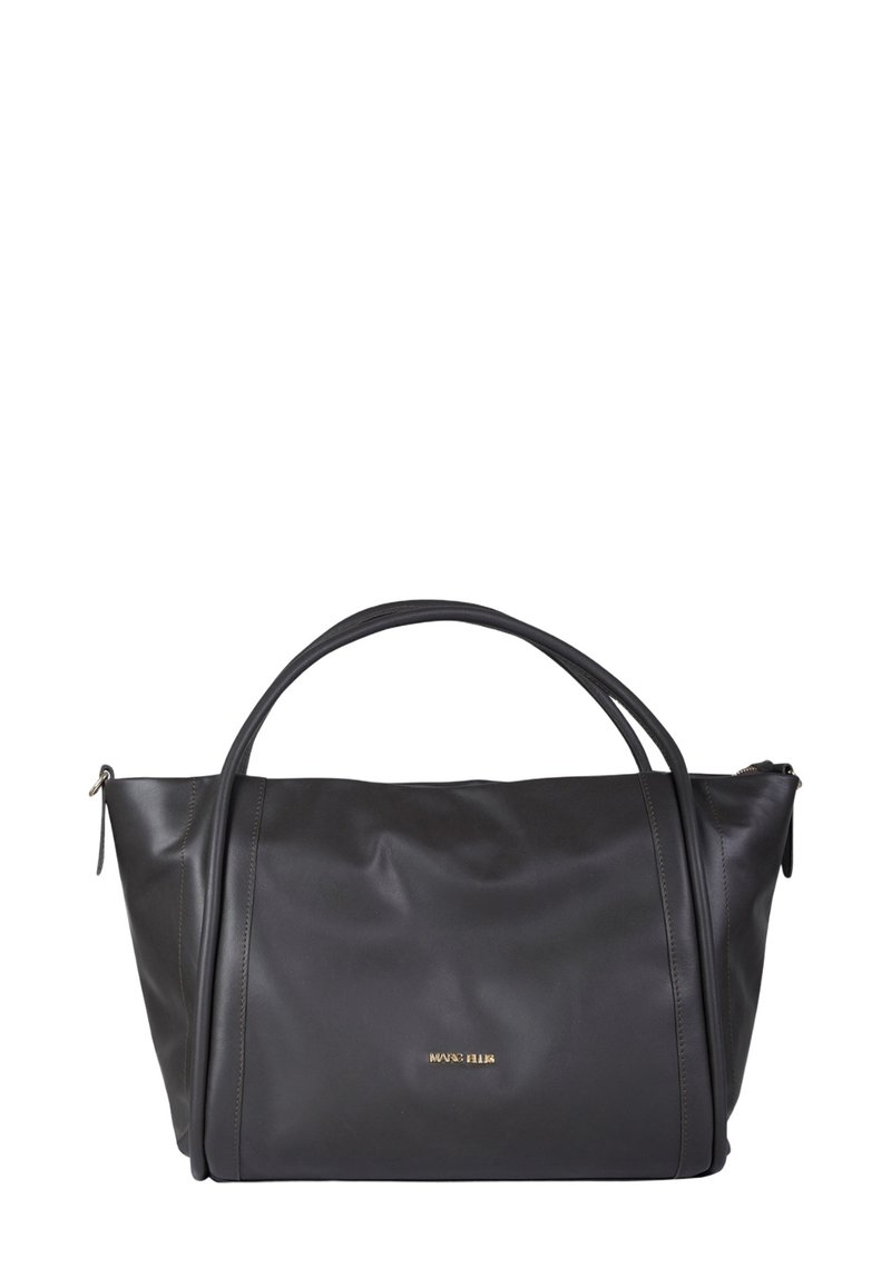 Borsa tote in pelle nera con doppio manico, logo del marchio dorato al centro sulla parte anteriore e chiusura a zip sui lati superiori.