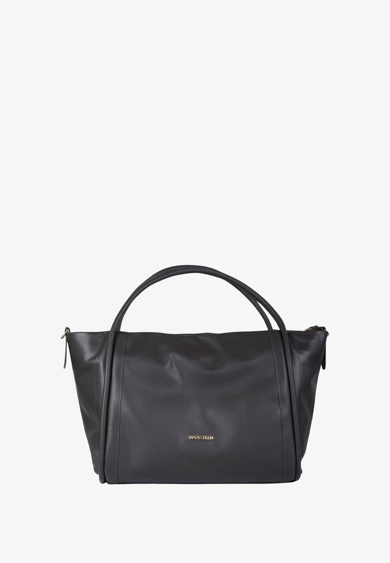 Borsa tote in pelle nera con doppio manico, logo del marchio dorato al centro sulla parte anteriore e chiusura a zip sui lati superiori.