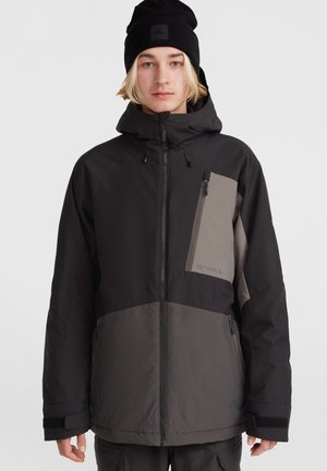 Black and gray winter jacket with a hood, featuring a zippered chest pocket, adjustable cuffs, and a soft, textured fabric.