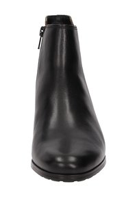 Schwarzer Leder-Stiefelette mit glatter Oberfläche, seitlichem Reißverschluss und runder Zehenpartie. Ausgestattet mit einer niedrige, stabilen Laufsohle.