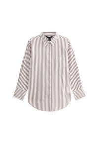 Witte lange mouwen shirt met smalle rode strepen, klassieke kraag, knoopsluiting aan de voorkant en een borstzak; de manchetten hebben gestreepte accenten.