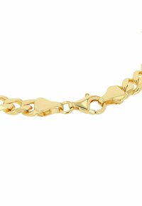 Pulsera de cadena color dorado con eslabones entrelazados y cierre de langosta. Textura suave con un acabado brillante y sin patrones adicionales.