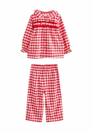 Rød- og hvidternet bomuldsoutfit med en knap-om skjorte med krave og pufærmer samt matchende bukser med elastisk talje.