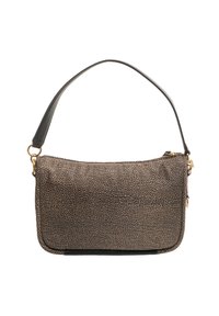 Sac marron texturé avec une sangle noire, doté d'une fermeture zippée et d'accents en métal doré. Surface lisse avec un motif de grain subtil.