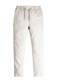 Lichte crème joggers met een elastische tailleband, trekkoord, zijzakken en taps toelopende pijpen. Glad materiaal met een minimale textuur.