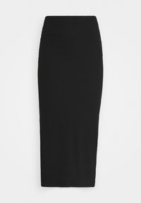 Jupe midi noire côtelée avec une silhouette ajustée. Fabriquée en tissu tricoté extensible. Présente un design simple sans matériel ou accents visibles.