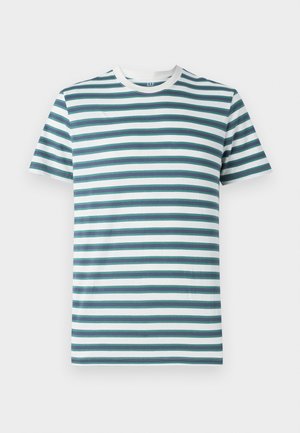 Herren T-Shirt mit kurzen Ärmeln, das horizontale Streifen in Türkis, Marineblau und Weiß aufweist. Weicher Baumwollstoff mit Rundhalsausschnitt und kontrastierendem Kragen.