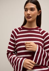 Maglione a righe bordeaux e bianche con maniche lunghe a campana e scollo rotondo. Tessuto morbido con motivo a maglia.