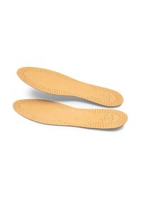 Leather insoles in a light tan color, featuring perforations for ventilation and a smooth texture, designed for comfort and fit in shoes.