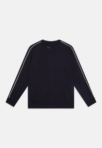 Navy sweatshirt with long sleeves, featuring white side stripes and a green logo on the back. Soft fabric with a relaxed fit.