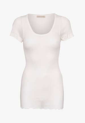 Biała bluzka z krótkim rękawem z okrągłym dekoltem. Wykonana z prążkowanej tkaniny o gładkiej fakturze. Posiada falbaniasty dół.