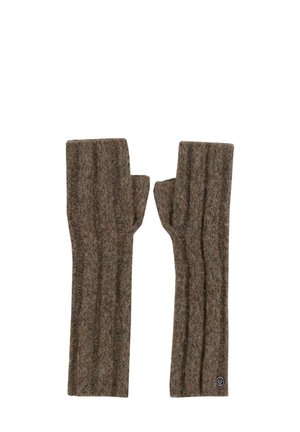 Bruine vingerloze handschoenen van gestructureerd breimateriaal, met een geribbelde ontwerp en een klein logo op het polsgebied.