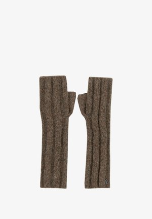 Guanti senza dita marroni realizzati in materiale a maglia testurizzato, con un design a coste e un piccolo logo nella zona del polso.