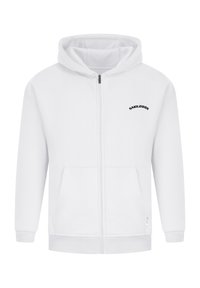 Sweat à capuche blanc zippé intégral, poches avant, capuche, poignets côtelés et logo « SMILODOX » imprimé en noir sur la partie supérieure gauche de la poitrine.