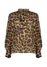Blouse met luipaardprint, lange mouwen, zachte stof, ronde kraag met strikdetail, gouden en zwarte tinten, geplooide textuur.