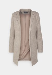 Béžové sako s texturovanou látkou, dlouhými rukávy, klopovým límcem a otevřeným předním dílem. Vnitřek je hladký s lehkým béžovým podšívkou.