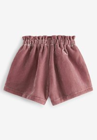 Shorts en velours rose avec une taille élastiquée, présentant une coupe décontractée et un tissu souplement drapé pour plus de confort. Pas de poches visibles.