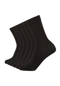 Black cotton socks, five pairs, mid-calf length, ribbed cuff, smooth texture, minimal design, and uniform color throughout.