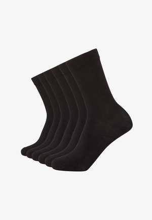 Black cotton socks, five pairs, mid-calf length, ribbed cuff, smooth texture, minimal design, and uniform color throughout.