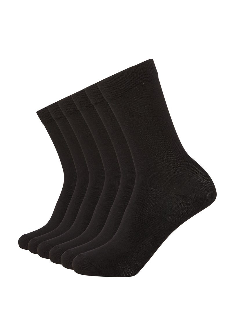 Black cotton socks, five pairs, mid-calf length, ribbed cuff, smooth texture, minimal design, and uniform color throughout.