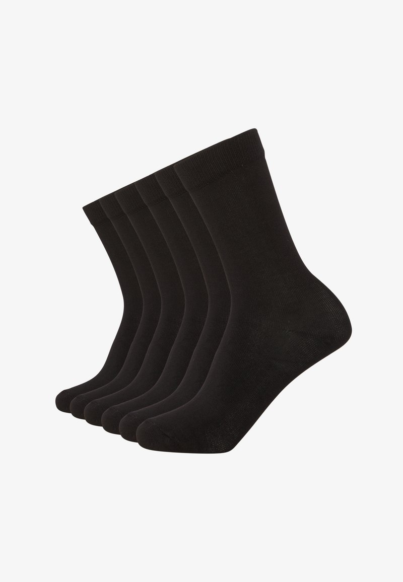 Black cotton socks, five pairs, mid-calf length, ribbed cuff, smooth texture, minimal design, and uniform color throughout.