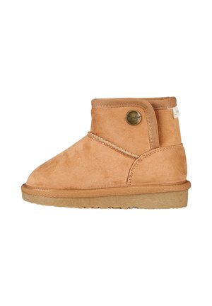 Tan suede ankle boot with a rounded toe, textured upper, stitched detailing, and a rubber sole. Features a round logo accent on the side.