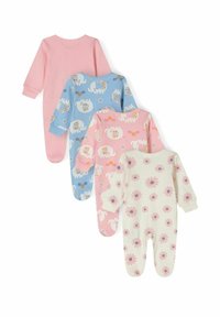 Conjunto de cuatro pijamas para bebé: uno rosa, otro azul con elefantes, uno rosa con estampado floral y otro crema con patrón de margaritas. De algodón, de mangas largas y con diseño de pies.