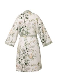 Kimono w kwiatowy wzór z miękkiego materiału, z jasną kremową tłem, szerokimi rękawami oraz paskiem nawiązującym do luźnego kroju.