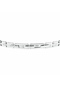 Bracciale in metallo argentato con maglie rettangolari intrecciate, finitura lucida e logo inciso su una delle maglie.