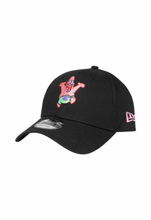 Black adjustable baseball cap with colorful cartoon starfish character embroidered on the front and pink logo on the side.