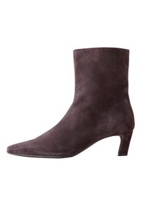 Dark purple suede ankle boot with a pointed toe and a low heel, featuring a smooth texture and seamless design.