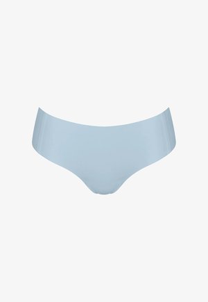 Mutandine da donna azzurro chiaro senza cuciture con ampia fascia in vita, viste frontalmente su sfondo bianco.