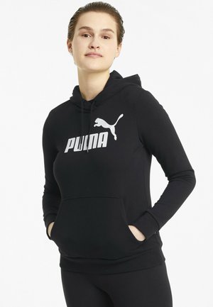 Musta huppari pehmeästä kankaasta, jossa on suuri valkoinen "PUMA" -logo ja kissansiluetti. Sisältää etutaskun ja nauhakuulalla varustetun hupun.