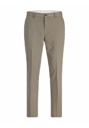 Pantalones beige ajustados para hombre con trabillas para cinturón, botón frontal y cierre de cremallera, mostrados sobre un fondo blanco liso.