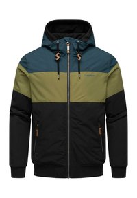 Farblich blockierte Jacke mit Kapuze, aus wasserabweisendem Material. Hauptfarben: Teal, Olivgrün und Schwarz. Mit Reißverschlusstaschen und Zugbändern.