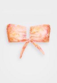 Bandeau bikini top in pink with floral pattern, featuring ruching, a tie front, and a smooth, glossy texture. No hardware visible.